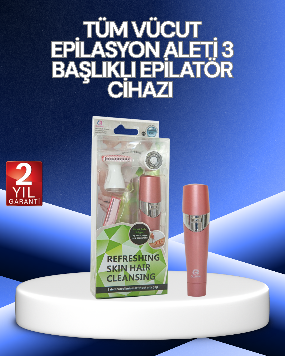 3 Başlıklı Yüz ve Vücut Tüy Temizleme Cihazı Pembe