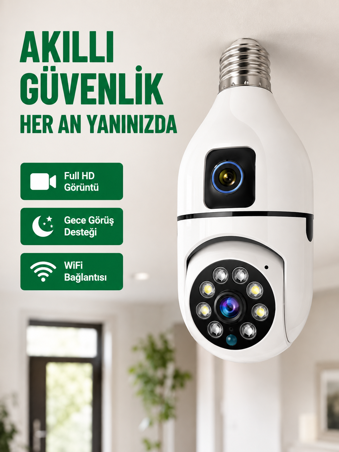 WiFi Ampul Güvenlik Kamerası 1080P Full HD Gece Görüşlü ve Hareket Algılamalı
