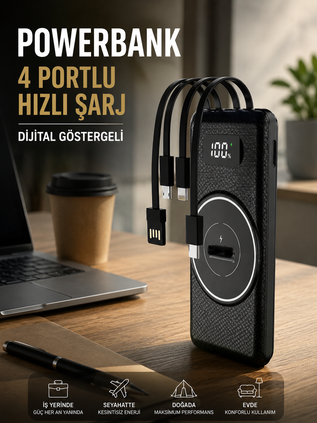 Hızlı Şarj Dijital Göstergeli Powerbankli Çoklu Şarj Özelliği