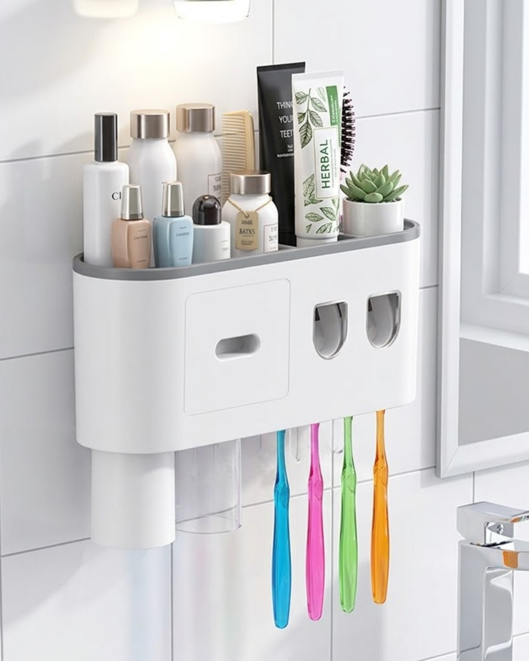 Banyo Organizer Diş Fırçası Tutucu Çift Dispenserli Raflı Çekmeceli