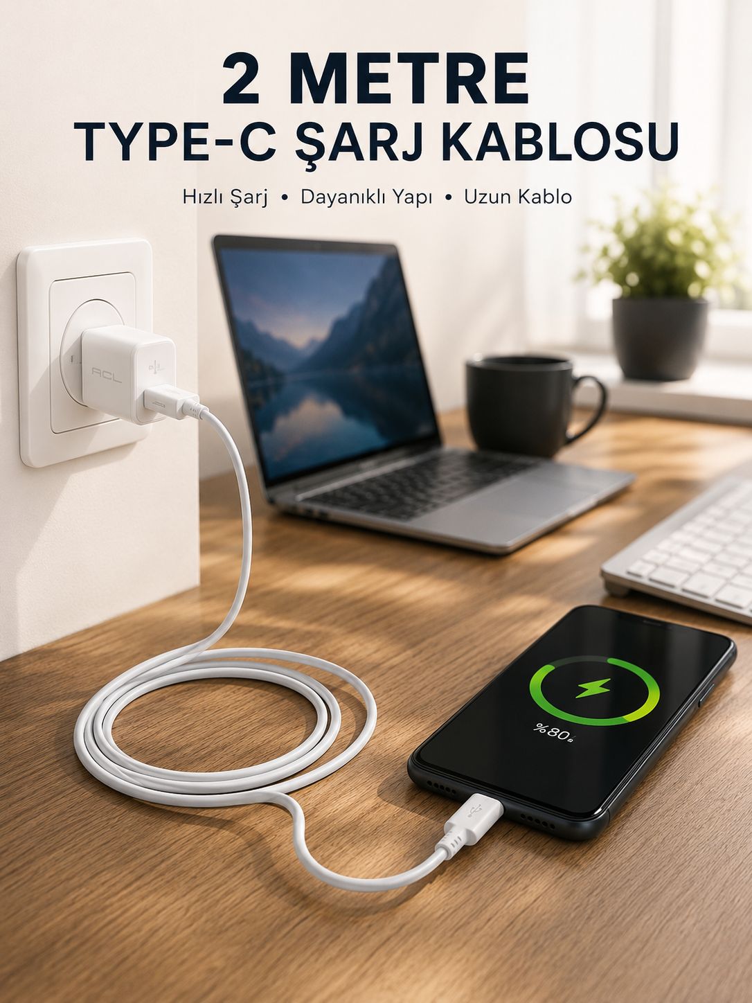Hızlı Şarj Destekli 2 Metre Type-C Kablo
