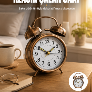 Metal Bronz Nostaljik Masa Saati Alarmlı Büyük Boy Sessiz Mekanizmalı