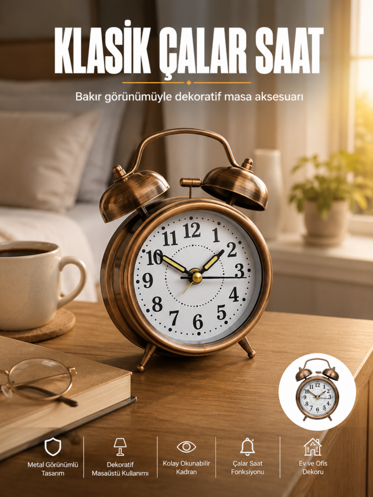 Metal Bronz Nostaljik Masa Saati Alarmlı Büyük Boy Sessiz Mekanizmalı