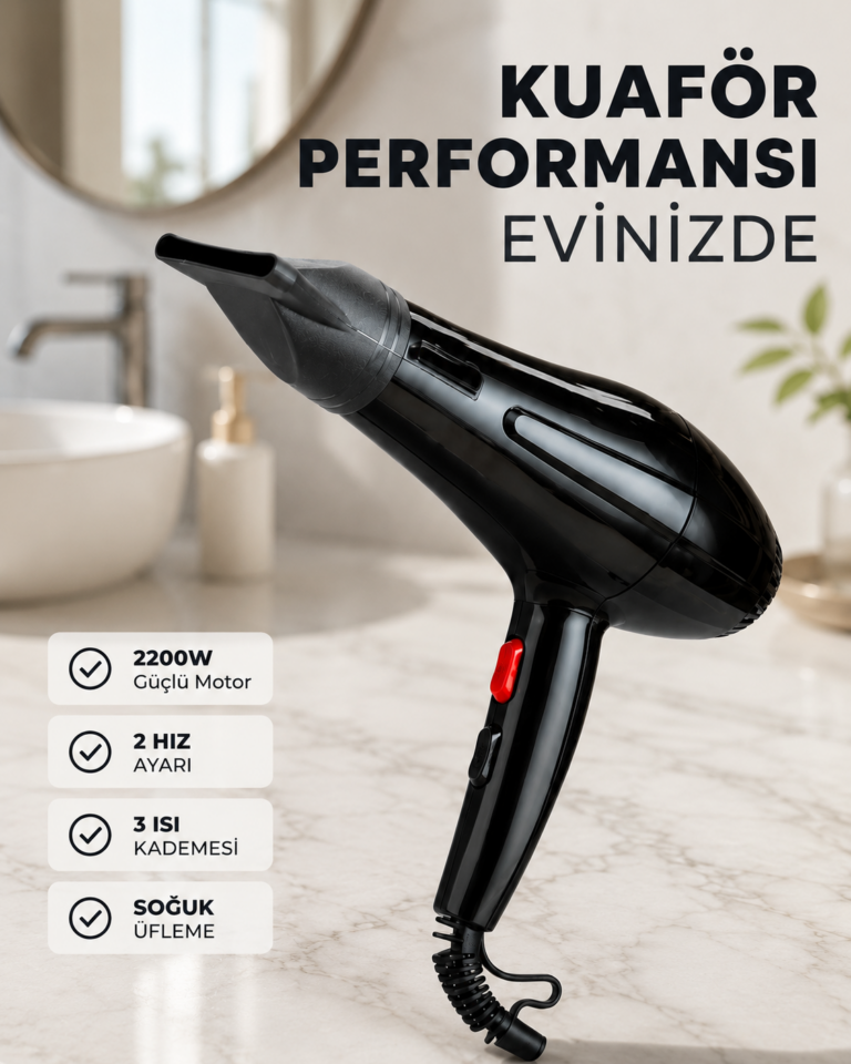 2200W Saç Kurutma Makinesi Soğuk ve Sıcak Üfleme Fonksiyonlu