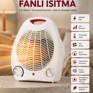 2000W Taşınabilir Elektrikli Fanlı Isıtıcı – Hızlı Isınma, Kompakt Boy