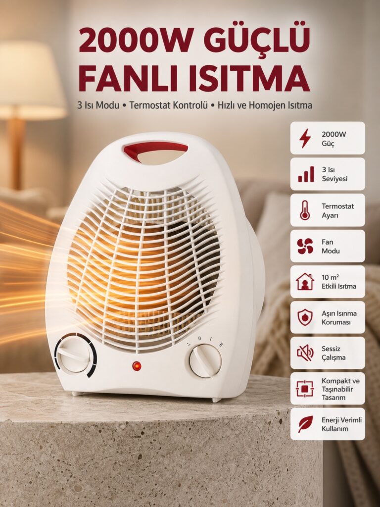 2000W Taşınabilir Elektrikli Fanlı Isıtıcı – Hızlı Isınma, Kompakt Boy