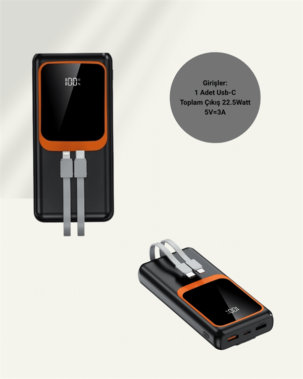 Dijital Ekranlı 20.000 mAh Powerbank | 22.5W Hızlı Şarj + Çoklu Bağlantı Seçeneği Yeni Nesil