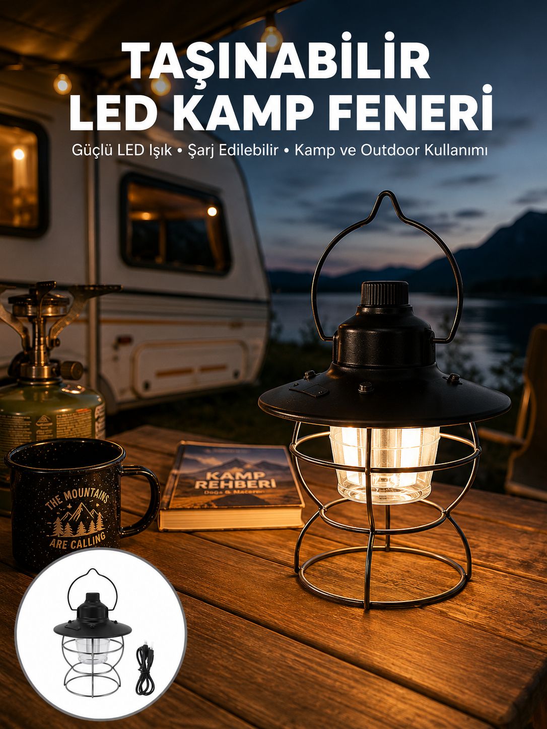 4 Fonksiyonlu Dekoratif Kamp Lambası – Tungsten Ampul, USB Çıkışlı Yeni Nesil