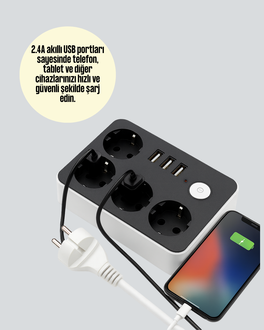 3 USB Çıkışlı 4’lü Akıllı Priz 2500W 2 Metre Kablo