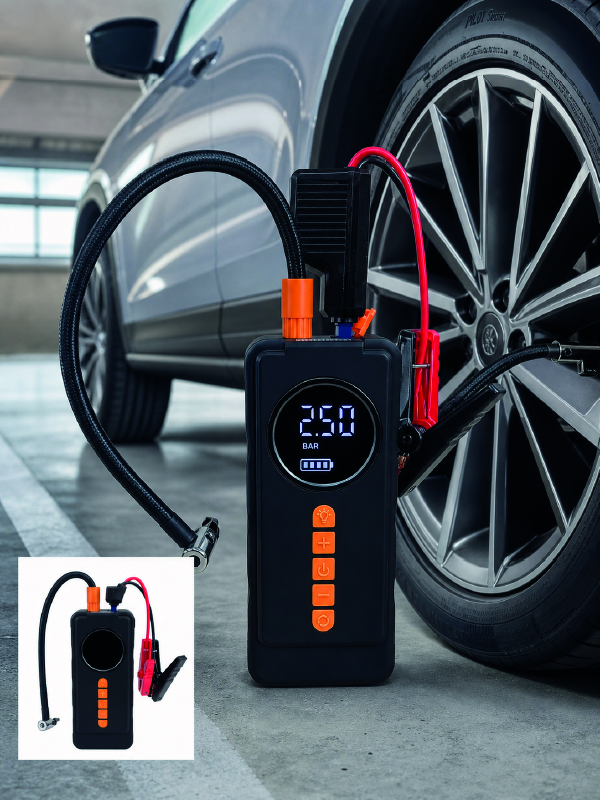 Dijital Araç Kompresörü 4 Fonksiyonlu Akü Takviye Lastik Şişirme Powerbank ve LED El Feneri
