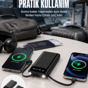 20.000 Mah Led Işıklı LCD Ekran USB Girişli Type-C Lightning Powerbank Yeni Nesil