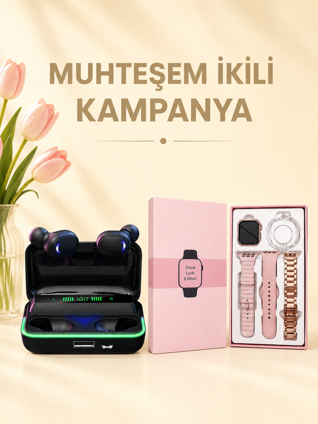 Kadınlara Özel Bileklik Hediyeli Akıllı Saat ve Dijital Göstergeli ANC Özellikli Bluetooth Kulaklık