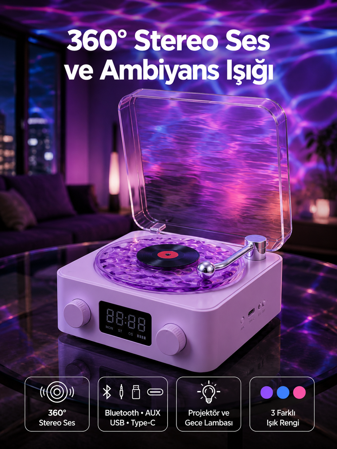 Retro Pikap Tasarımlı Bluetooth Hoparlör – Projektörlü Şarjlı Lamba
