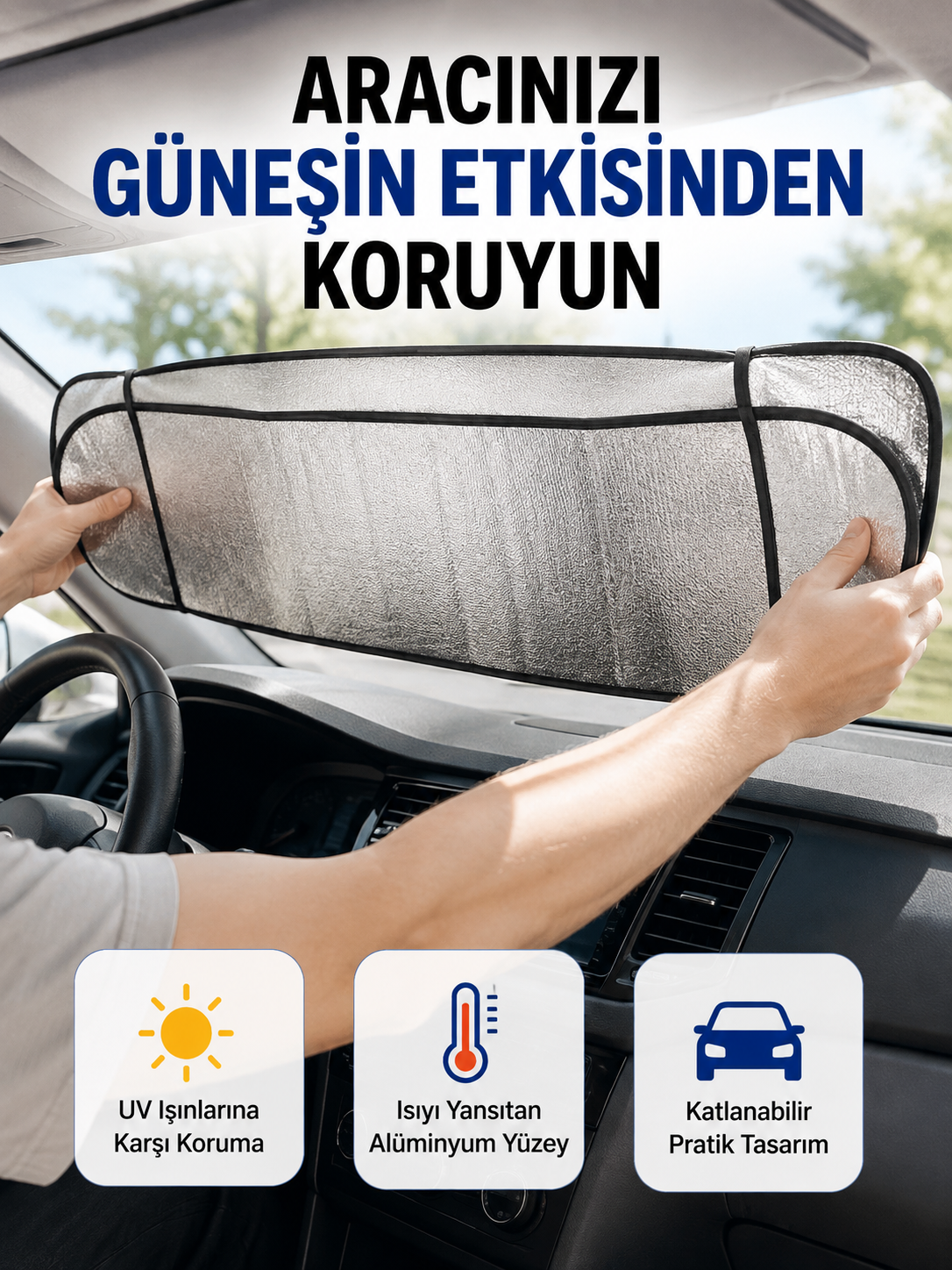 Metalize Reflektör Yüzeyli UV Koruyucu Araç Güneşliği – Serin ve Güvenli Sürüşler İçin
