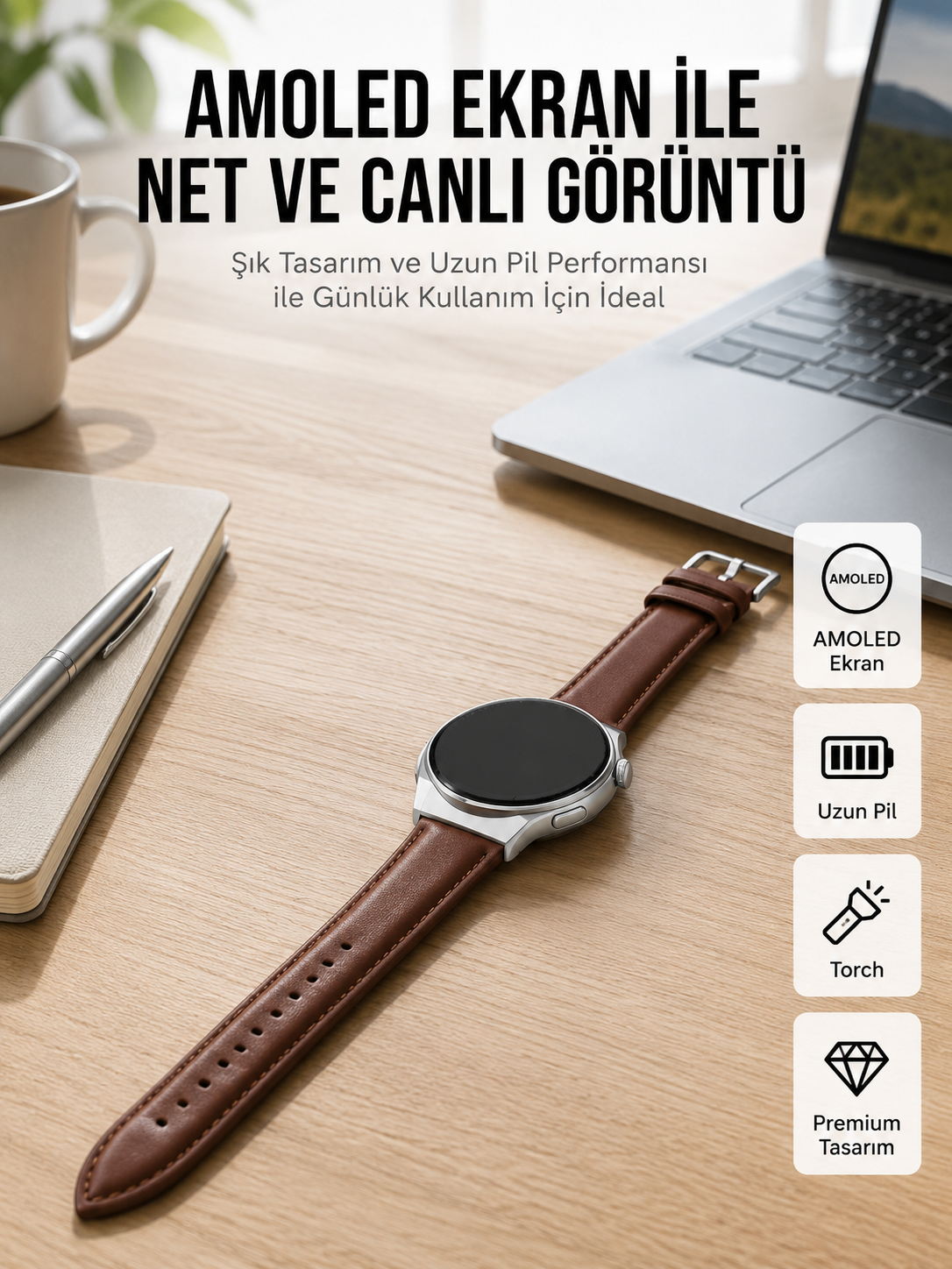 Torch Özellikli AMOLED Ekranlı Akıllı Saat Uzun Pil Yeni Nesil