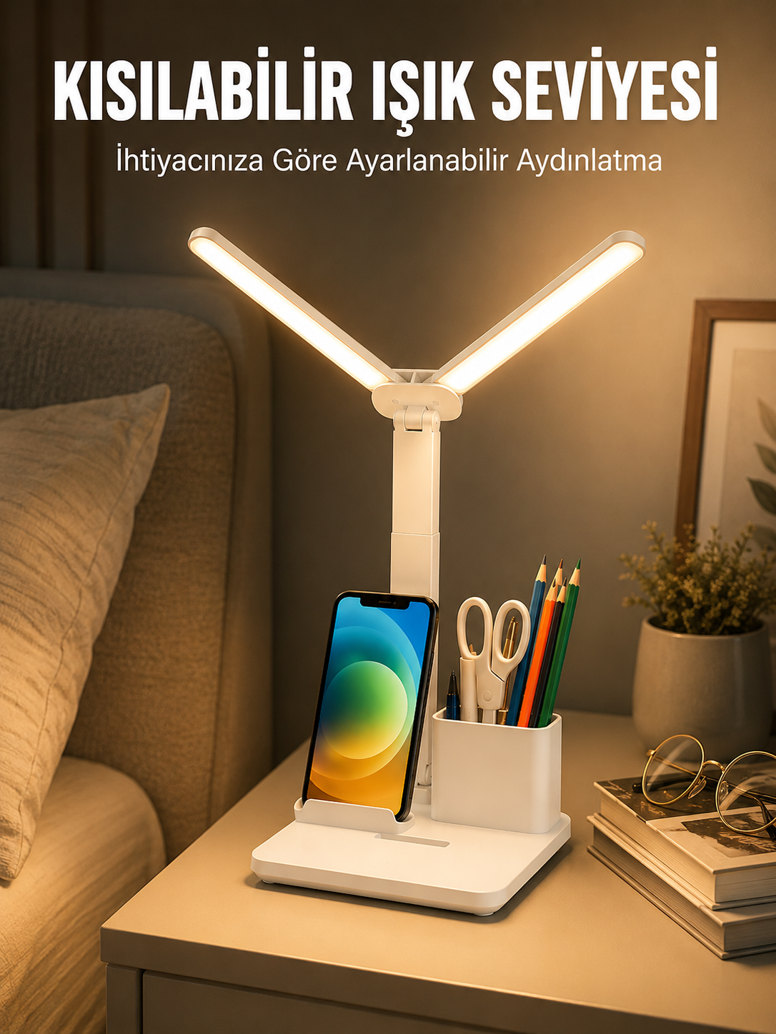 Kısılabilir LED Masa Lambası – Kalemlik, Telefon Standı ve Okuma Işığı Bir Arada Yeni Nesil