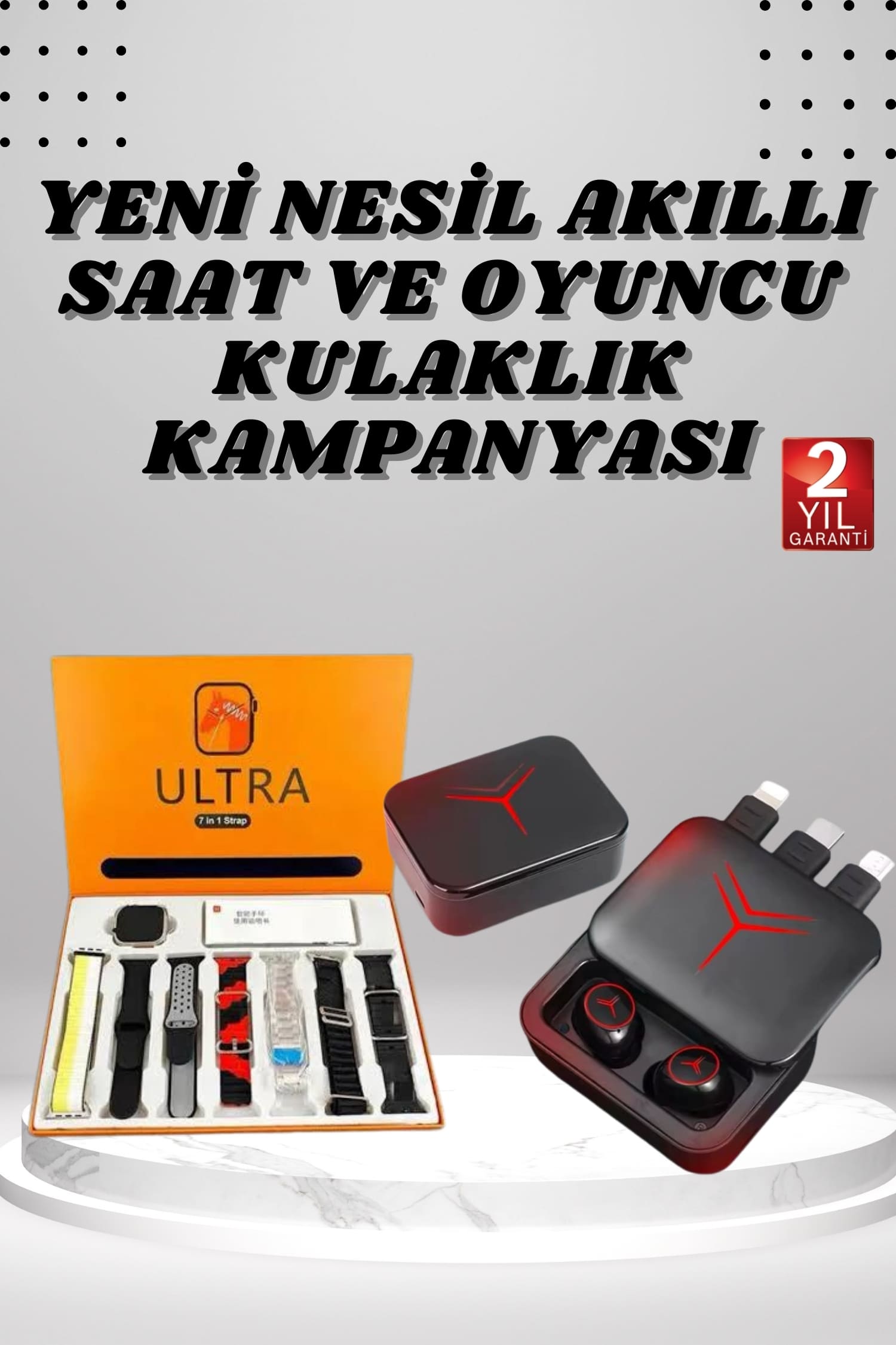 Dijital Göstergeli Powerbank Kablosuz Kulaklık ve 7 Kordonlu Yeni Nesil Akıllı Saat Dokunmatik Kontrol