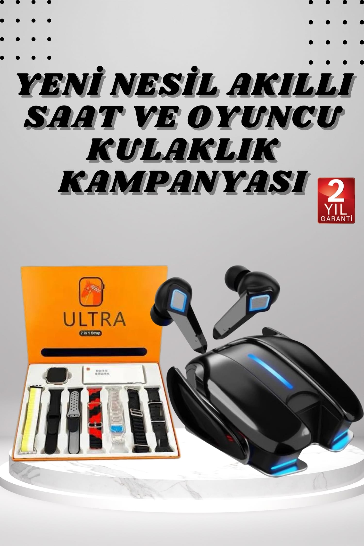 7 Kordonlu Akıllı Saat ve Oyuncu Kulaklığı Dokunmatik Ekran Sesli Görüşme ANC