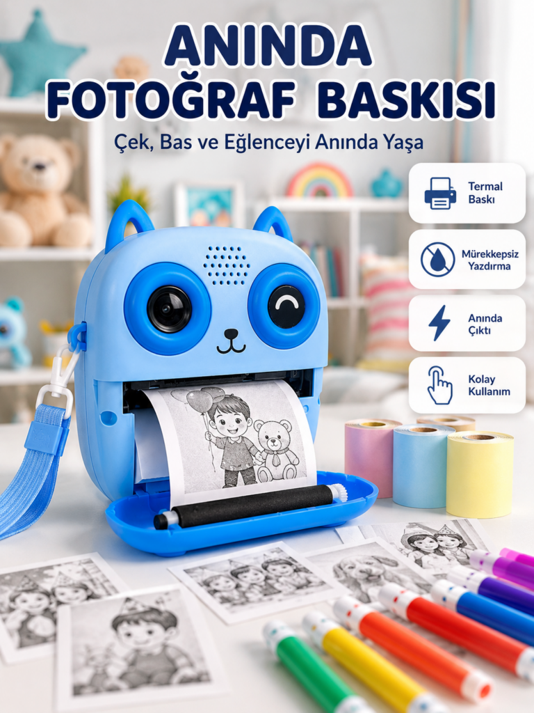 2.4'' IPS Ekranlı Çocuk Fotoğraf Makinesi HD Çekim ve Anında Baskı Keyfi
