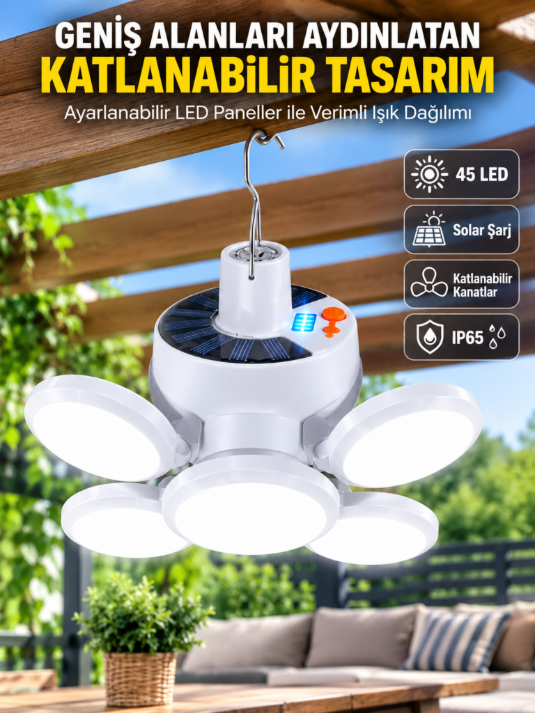 Solar Enerjili Katlanabilir Led Kamp ve Bahçe Lambası