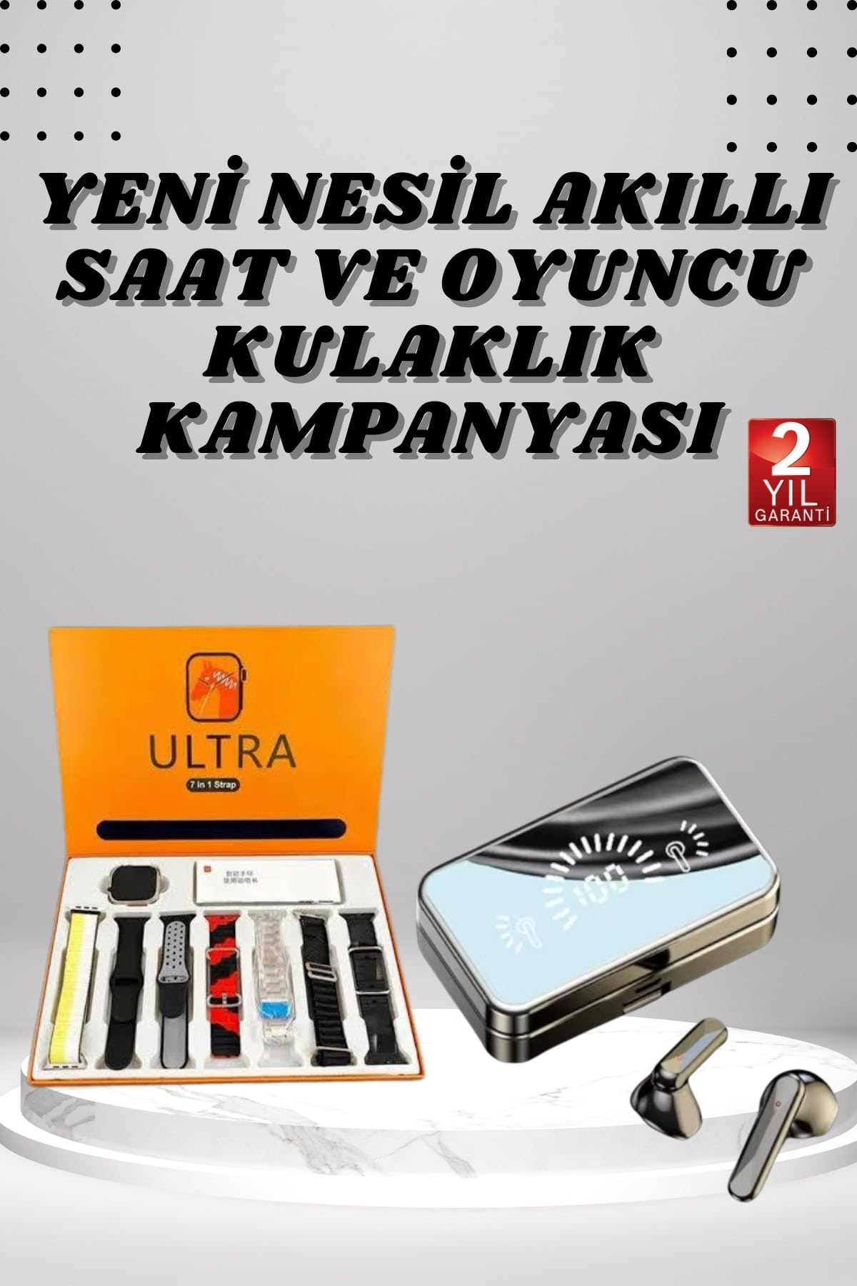 7 Kordonlu Akıllı Saat ve Aynalı Bluetooth Kulaklık Uzun Pil Ömrü ile