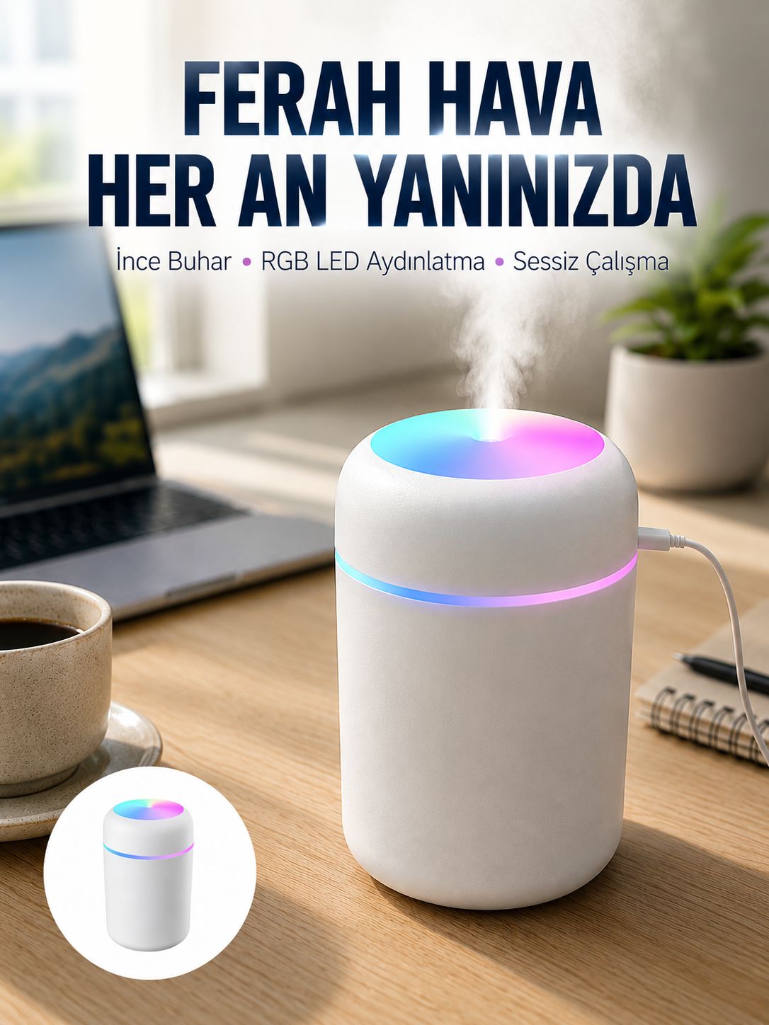 Hava Nemlendirici Buhar Makinesi Led Işıklı USB Dekoratif Nemlendirici Yeni Nesil