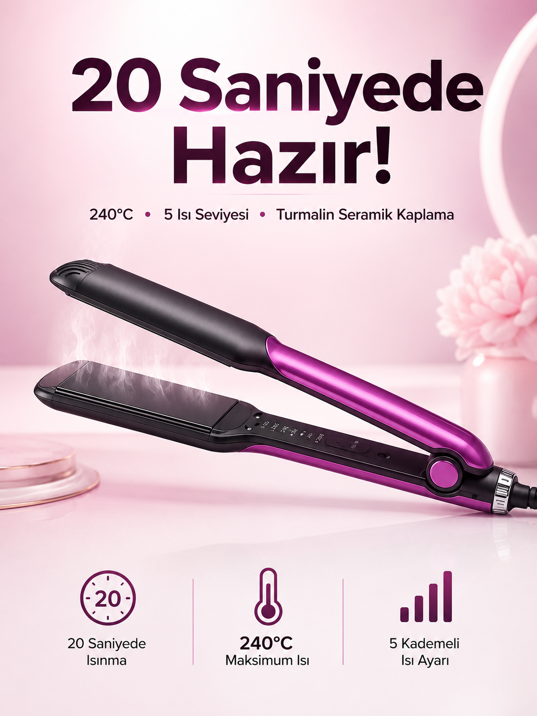 Saç Düzleştirici Isı Ayarlı Seramik Kaplama Döner Kablo Yıpranma Karşıtı