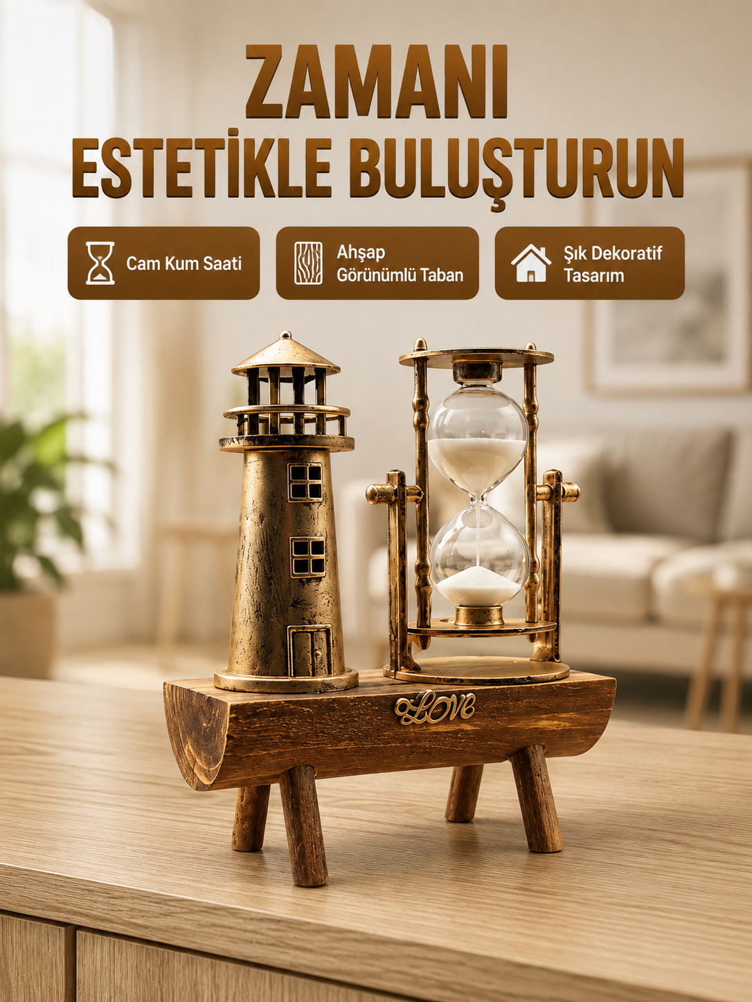 Deniz Feneri Tasarımlı Ahşap Kum Saati – Retro Masa Aksesuarı Yeni Nesil
