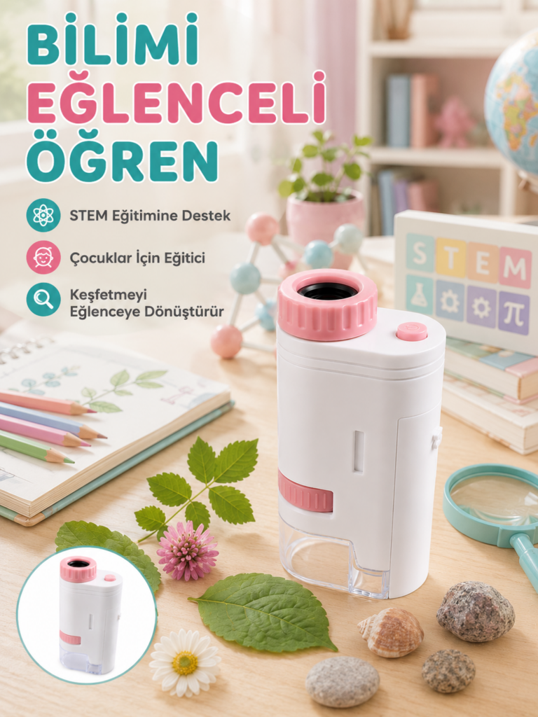 Taşınabilir LED Mikroskop 80X-200X Büyütmeli Çocuklar İçin Eğitici Bilim Mikroskobu