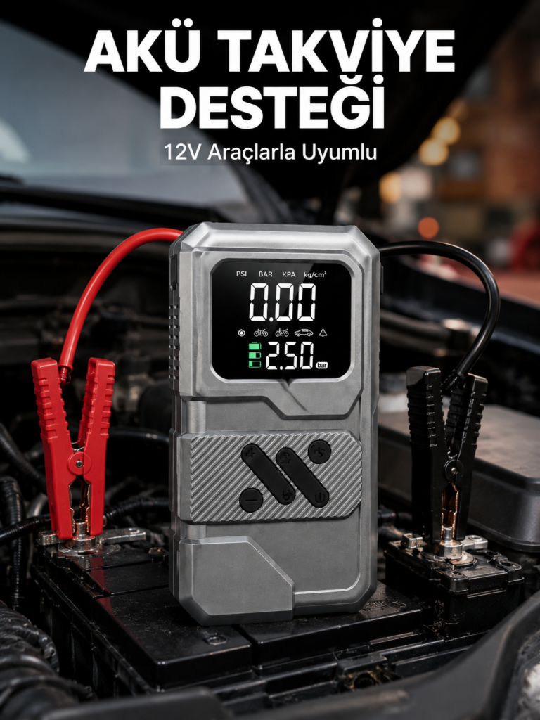 Taşınabilir Araç Akü Takviye ve Hava Kompresörü Powerbank Özellikli