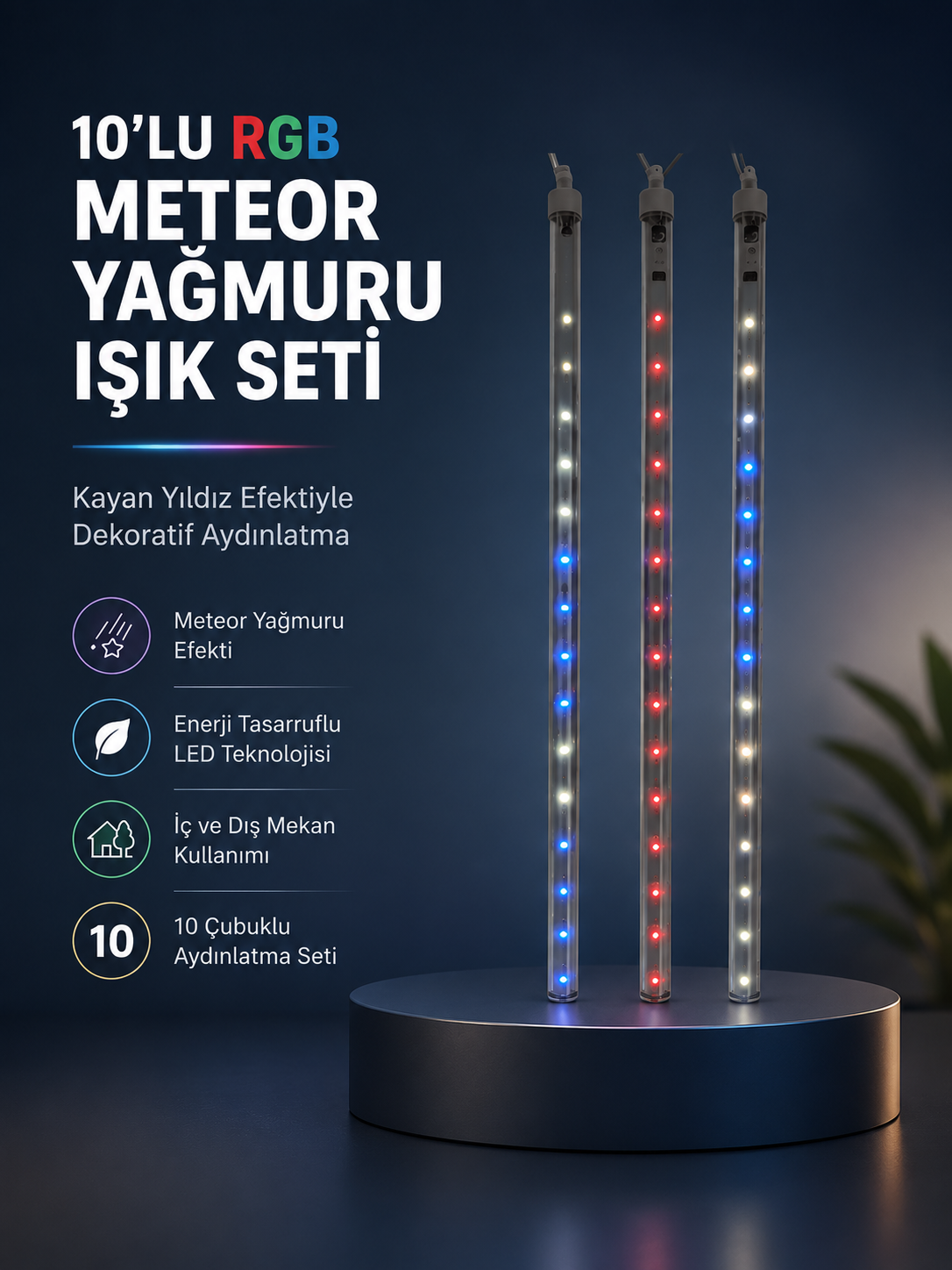Dekoratif RGB LED Işık Çubuğu Seti 10 Adet Çubuk Kayan Yıldız Efektli