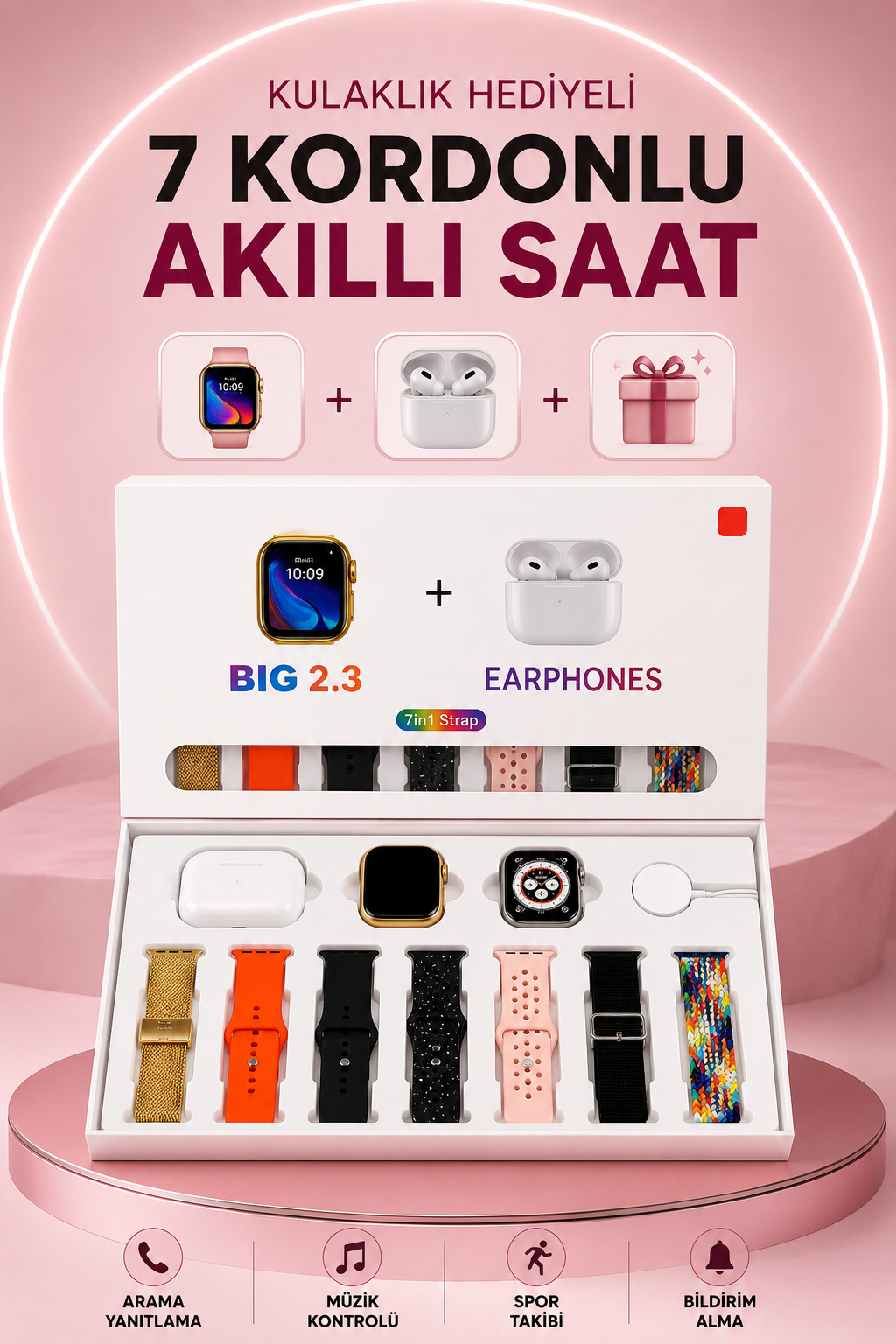 Akıllı Saat Bluetooth Kulaklık Hediyeli Bildirim Görme Sesli Görüşme Çoklu Kordon