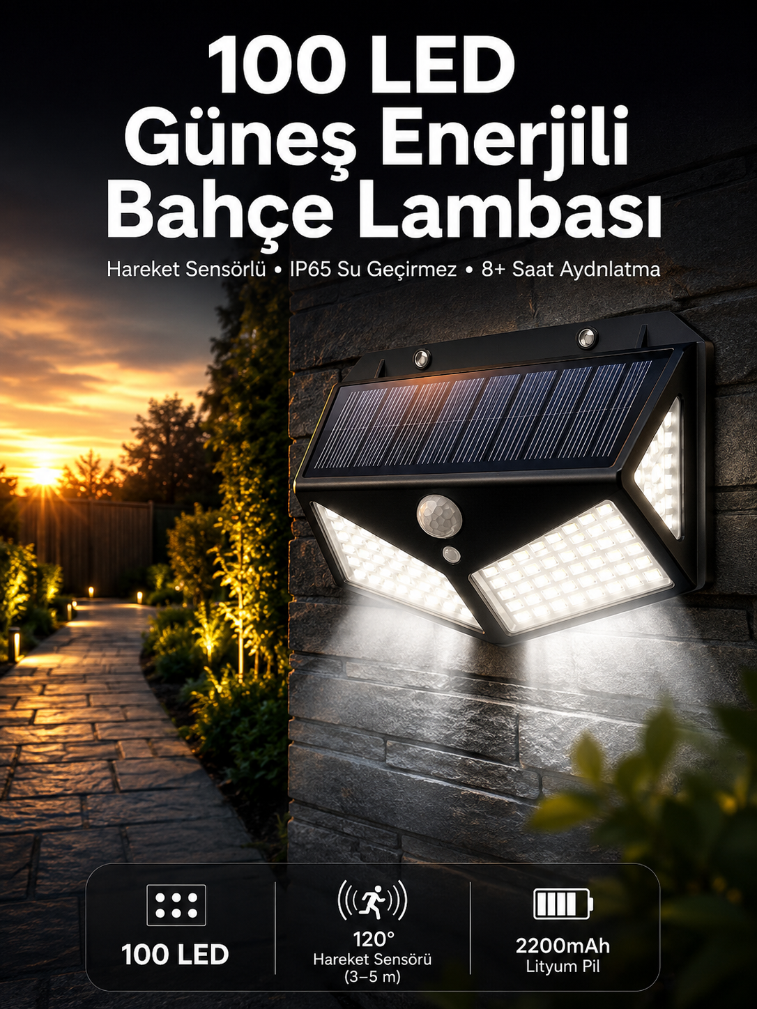 Solar Sensörlü Duvar Lambası Bahçe Lambası Parlak Beyaz Işık Suya Dayanıklı