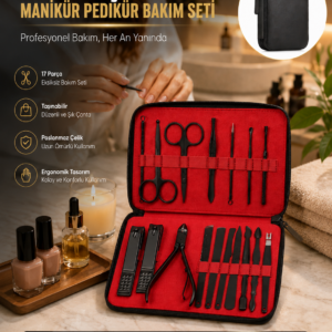 Paslanmaz Çelik 17 Parça Manikür Pedikür Seti ve Taşınabilir Şık Çanta