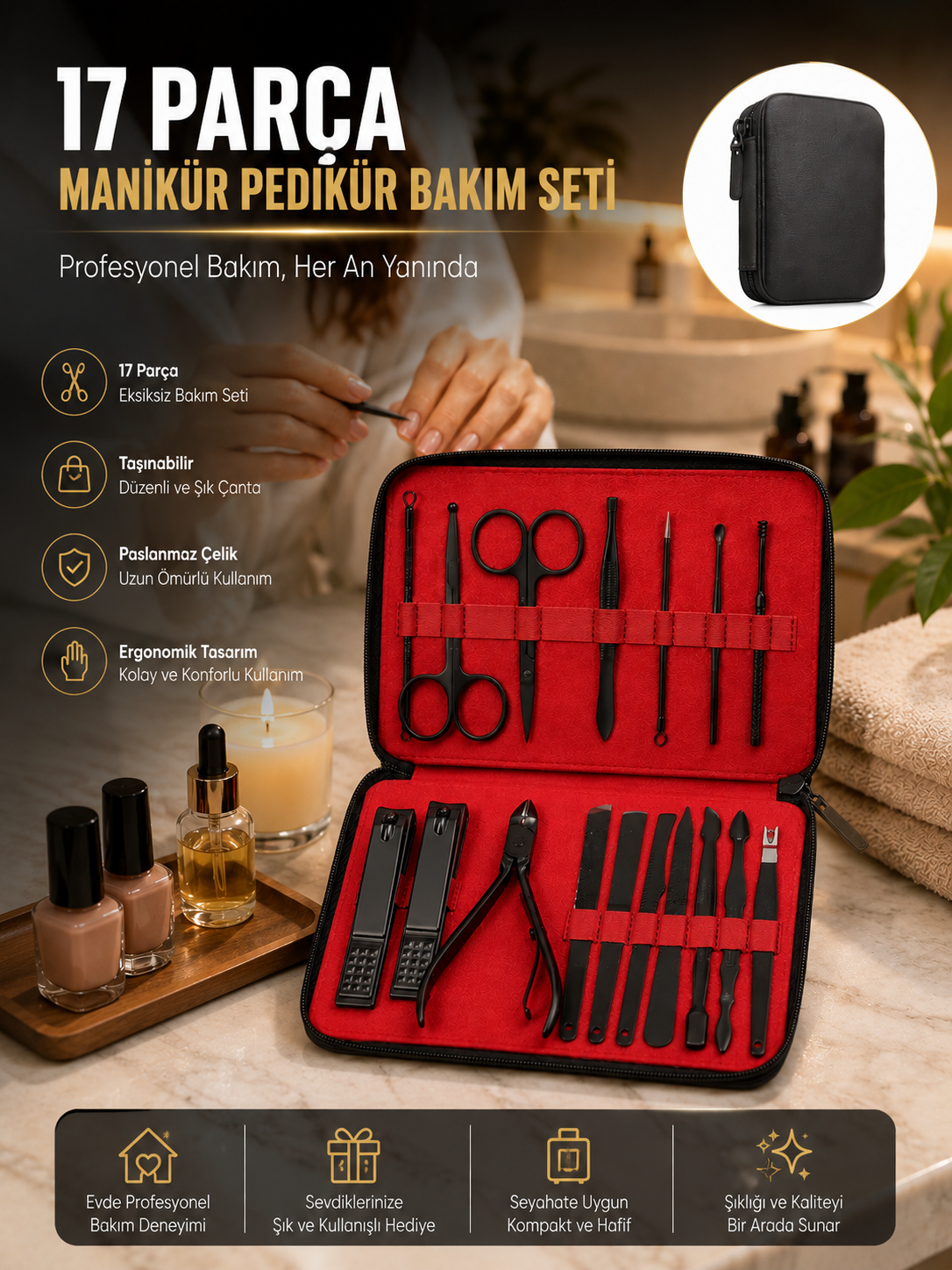 Paslanmaz Çelik 17 Parça Manikür Pedikür Seti ve Taşınabilir Şık Çanta
