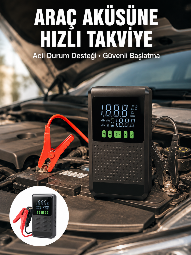 Araç İçin Akü Takviye Cihazı ve Kablosuz Hava Kompresörü