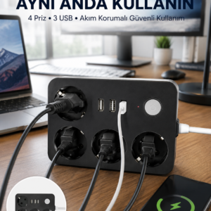 3 USB Çıkışlı 4’lü Akıllı Priz 2500W 2 Metre Kablo