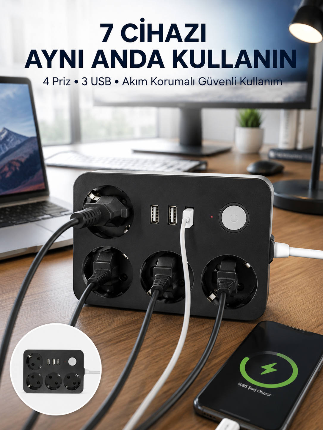 3 USB Çıkışlı 4’lü Akıllı Priz 2500W 2 Metre Kablo
