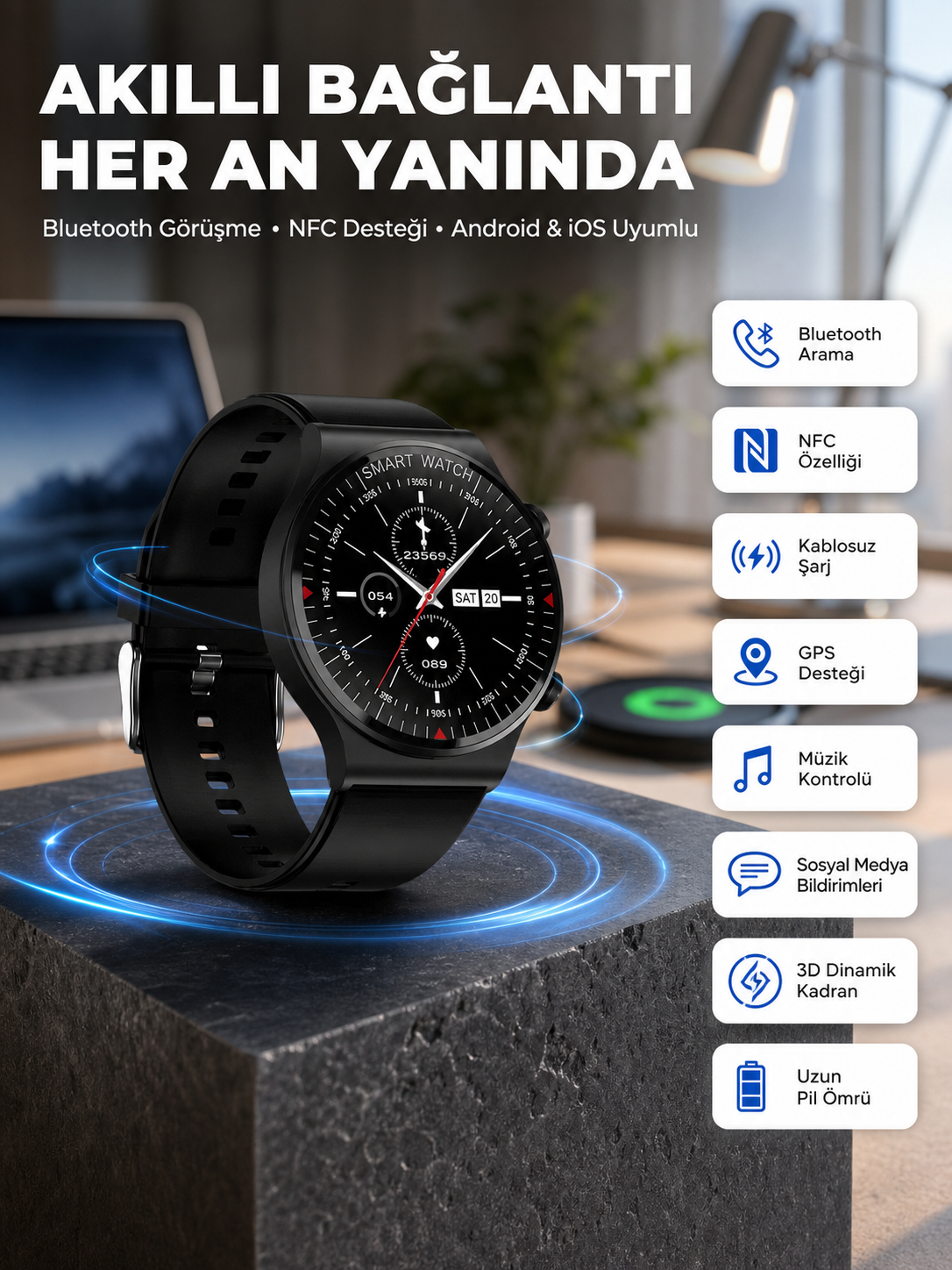 Akıllı Saat Yeni Nesil Üç Kordonlu Nabız Ölçer Çağrı Cevaplama