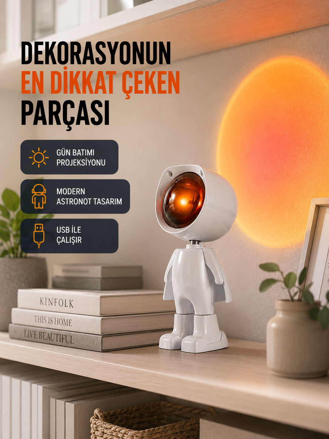 Gün Batımı Efekti Sunan Astronot LED Masa Lambası Yeni Nesil