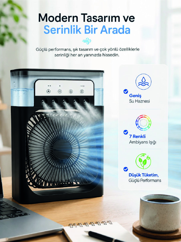 Masaüstü Püskürtmeli Serinletici Fan 5 Sisleme, 3 Fan Hızı, 7 Renk Ambiyans Işığı
