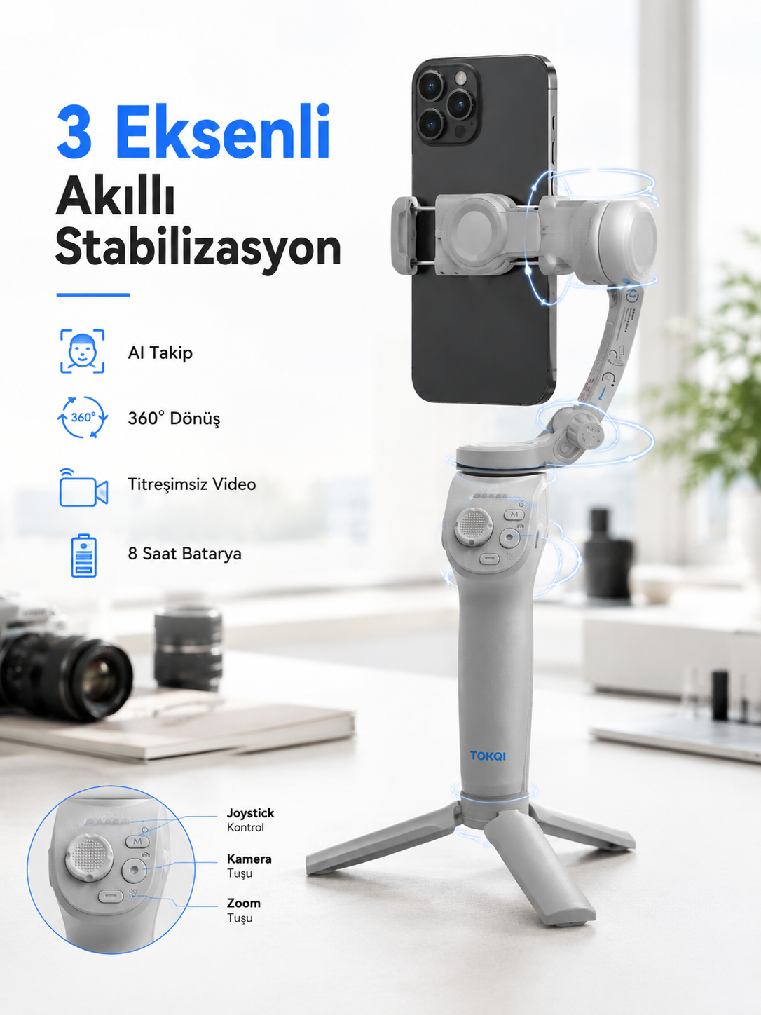Profesyonel Telefon Gimbal Stabilizer 3 Eksen Sabitleme Çoklu Çekim Modları Uzun Pil Ömürlü Taşınabilir Tasarım