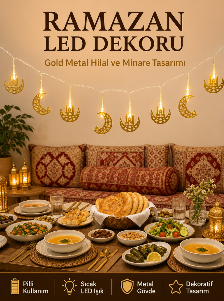 Minareli Hilal LED Işık Gold Metal Gövdeli Pilli Ramazan Dekoru