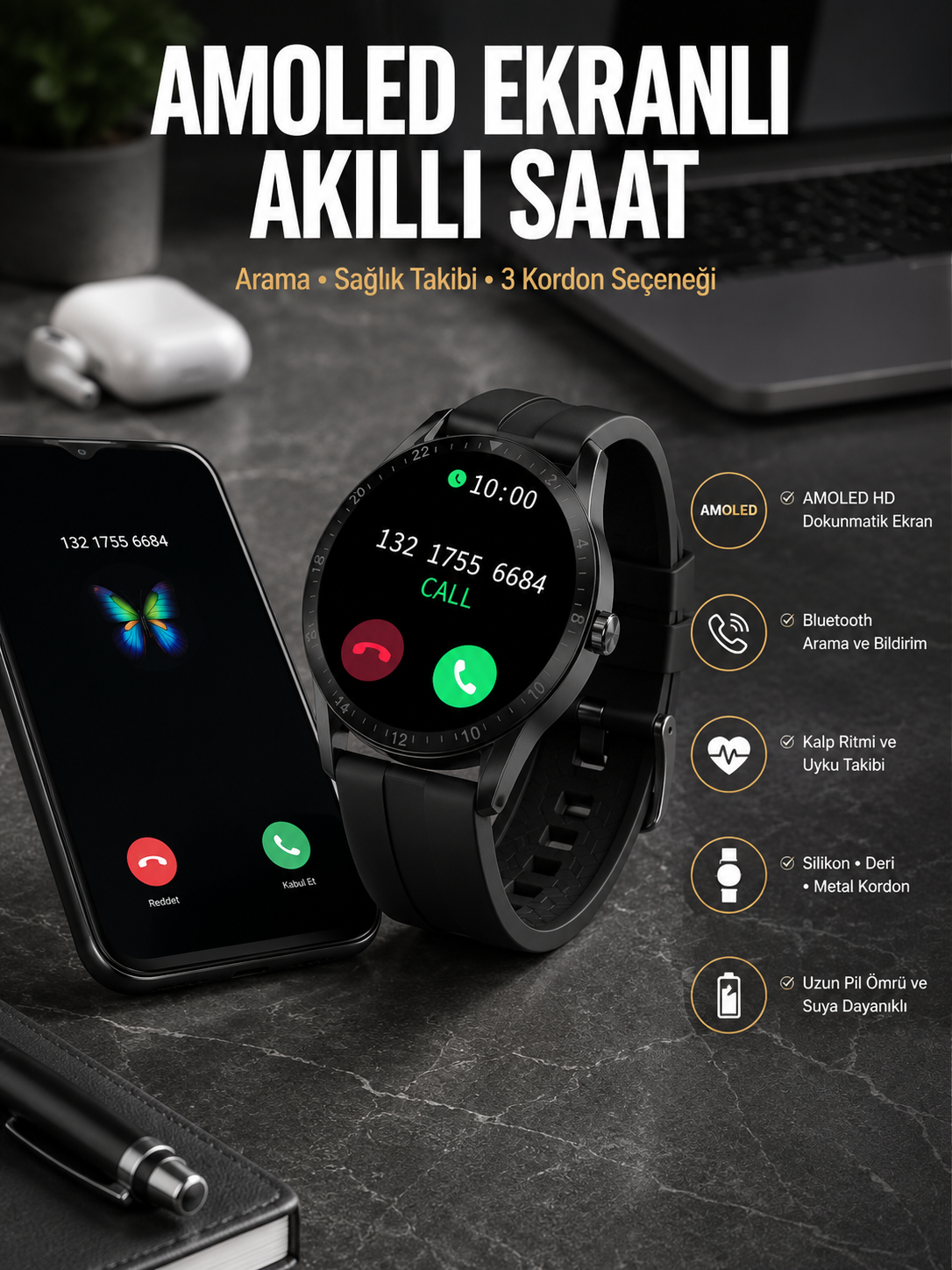 Akıllı Saat Amoled Ekran 3 Kordonlu NFC Ve GPS Uyumlu
