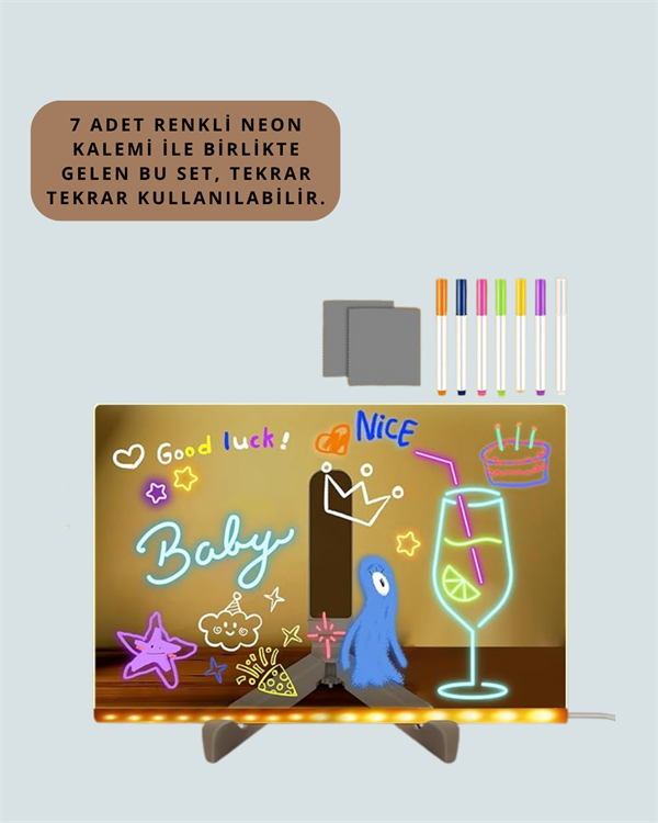 Şık ve Modern LED Pano – Neon Işıklı Silinebilir Akrilik Yazı Tahtası, 7 Renkli Kalem Dahil