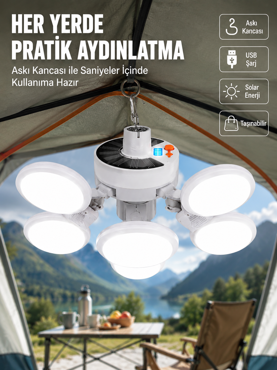 USB ve Solar Şarjlı Katlanabilir 5 Taraflı LED Lamba