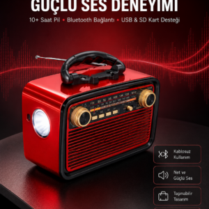 Nostaljik Görünümlü Ahşap Radyo TF SD USB Girişli Led Fener Işıklı