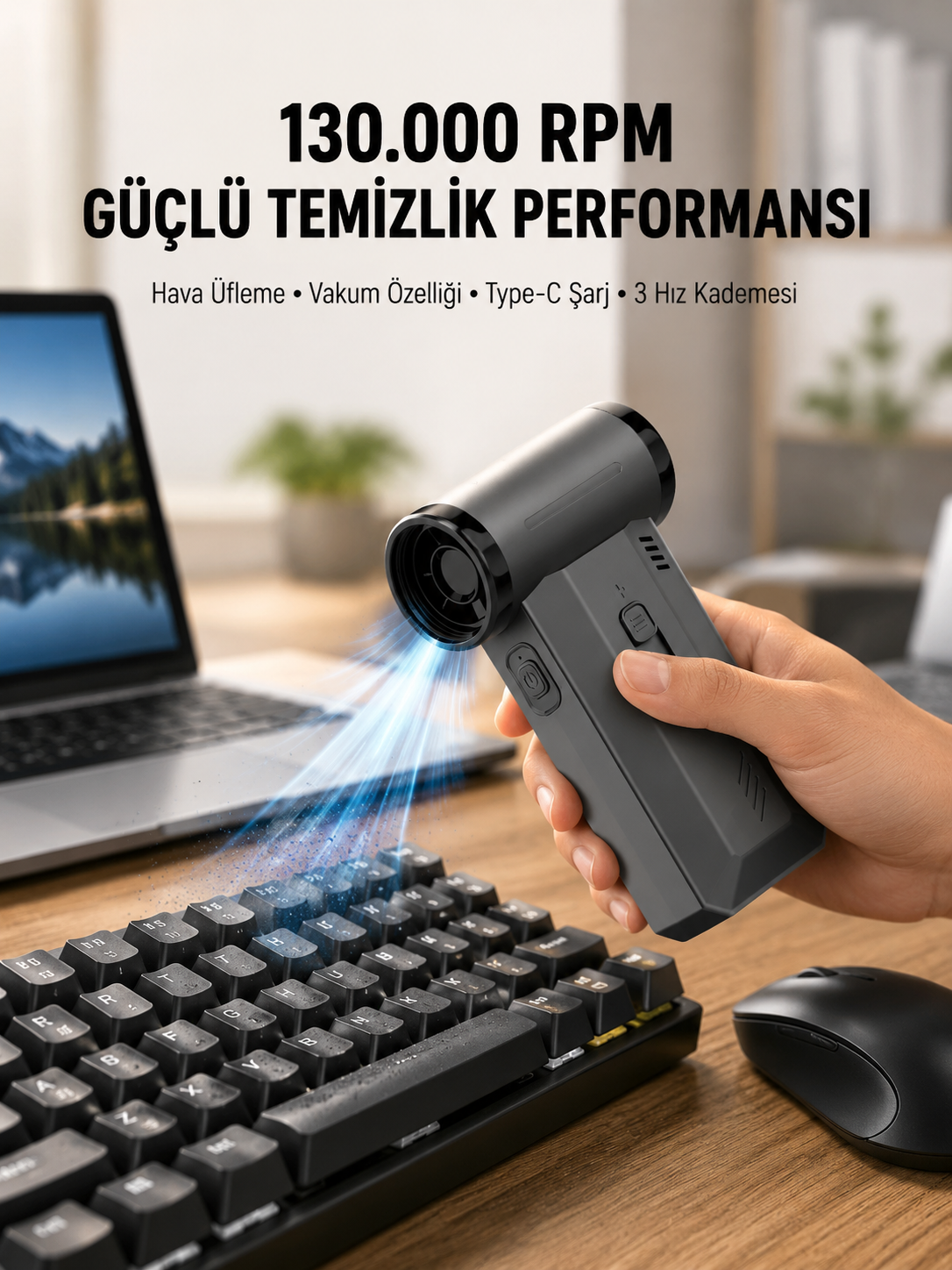 130000 RPM Çok Fonksiyonlu Şarjlı Hava Üfleme ve Vakum Temizlik Cihazı
