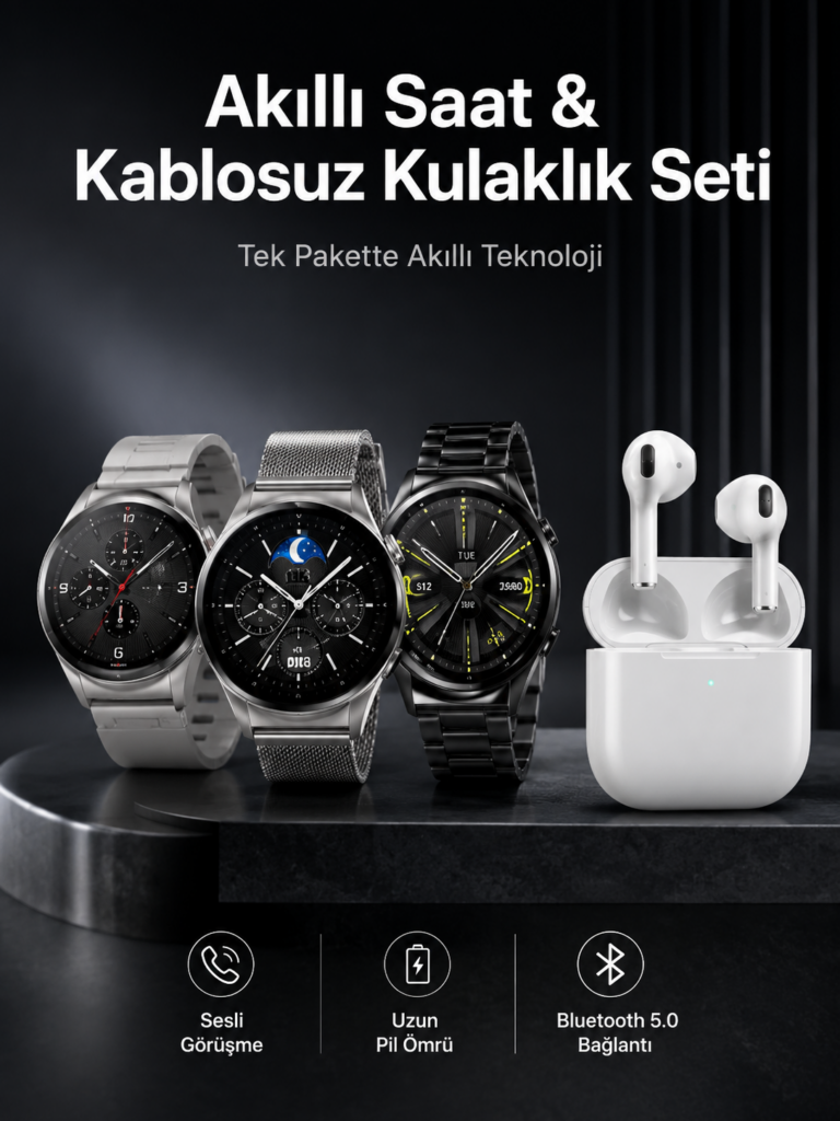 Akıllı Saat ve Kulaklık Seti Dokunmatik Ekran 5.0 Bluetooth Bağlantılı Sesli Görüşme
