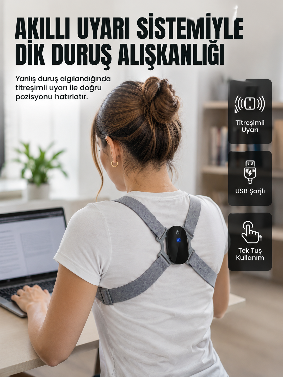Akıllı Dik Duruş Düzeltici Titreşim Uyarılı Şarjlı Destek Cihazı